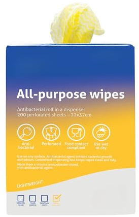 All-Purpose Antibacterial Wipes – 200 Tear-Off Sheets in Gloss Finish Portable Dispenser, Food Contact Safe, Colour-Coded for Hygiene, Inhibits Bacterial Growth (Yellow)