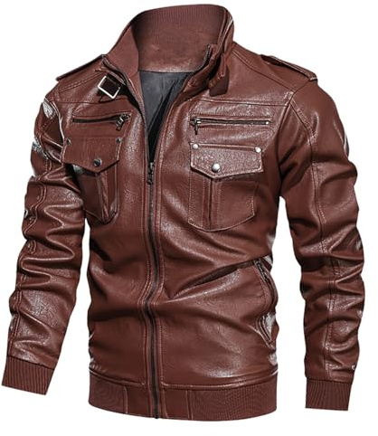 Giacca in Pelle Uomo, Vintage Giacca da Moto in Ecopelle con Cerniera Autunnale Invernale Bomber Giacca on Zip Giubbotto Antivento Motociclista Giubbotto Moto Estivo Giacca Antivento Giacche da Moto