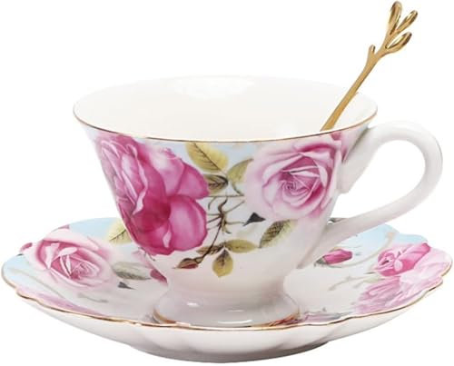 QXHSSM Juego de Taza y platillo de Porcelana Vintage con Cuchara, Taza de té Inglesa de 7.4 oz, Taza de café con Estampado de Rosas, 1 Juego