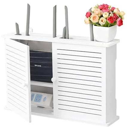 WiFi Router Box Cabinet,50 x 36 x 9cm Wall-mounted Floating WiFi Router Shelf with 2 Tiers Set-top Box Supports,Home And Office WiFi Router Adjustable Cable Box with Door for Storage of Wires