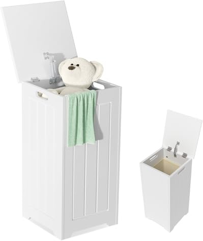 COSTWAY Wäschekorb mit Deckel, inkl. herausnehmbarer Wäschesack, Wäschesammler 30cm breit, Wäscheschrank, Wäschetruhe Holz, Badschrank schmal, Aufbewahrungsschrank für Badezimmer & Waschküche, weiß