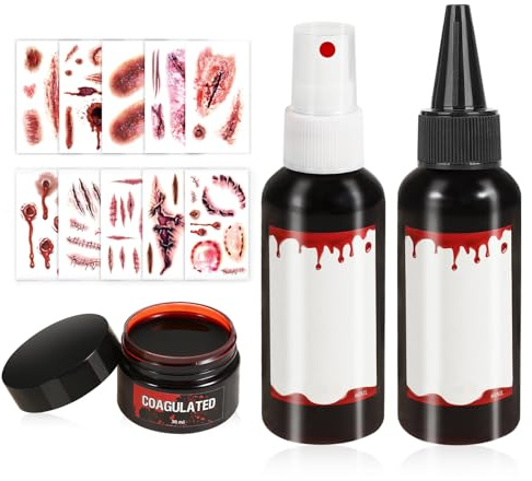 HOWAF Faux Sang Halloween Lavable, Fake Blood Faux Sang Spray, Coagulé & Tatouage Cicatrice pour Costume Zombie, Deguisement Vampire Maquillage Halloween