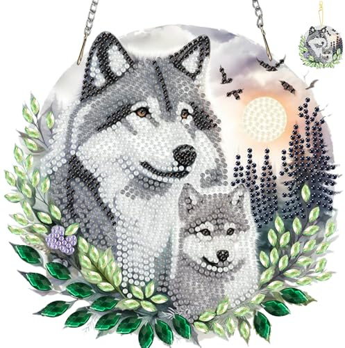 TLIOBLO Wölfe Diamond Painting Anhänger, Tiere Diamant Kunst Fensterbilder Beidseitige, Diamond Painting Hängende Ornament Bastelset Set für Wand Decor