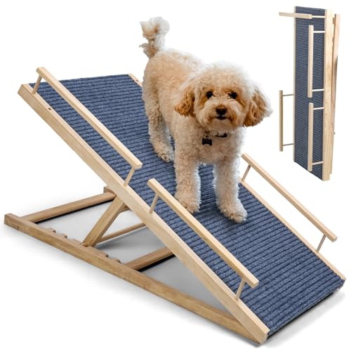Verstellbare Hunderampe für Bett, Sofa und Auto, 101,6 cm, rutschfeste Haustiertreppe mit Sicherheitsgeländern, robuste Holzleiter für große ältere Hunde und Katzen, 68 kg Tragkraft