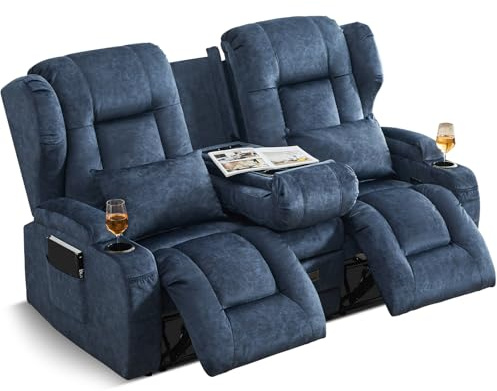 SAMERY Relaxsessel mit Liegefunktion Fernsehsessel Manuell Verstellbar, Zweisitzer Sofa Kinosessel 2 Sitzer Sofa TV Sessel Heimkino mit Getränkehalter/Schublade/Buchse, Velours