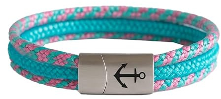 Generisch Damen Segeltau-Armband „Cap Bleu“ – Maritimer Stil mit 3-fach-Tau, Edelstahl-Magnetverschluss & Ankergravur – Türkis & Rosé