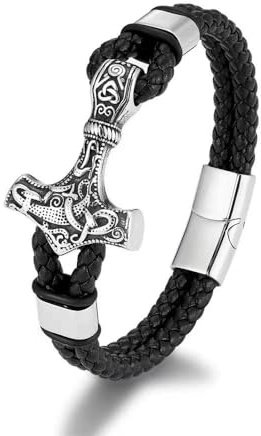 Wikinger Lederarmband Thors Hammer – Edelstahl Mjölnir Armband mit Magnetverschluss – Nordische Mythologie Schmuck für Herren & Damen – Viking Biker Mittelalter Accessoire (19/21/23 cm)
