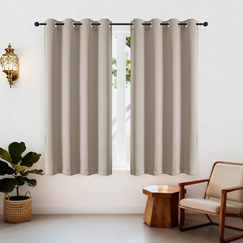Simplebrand Ava Stone Short Blackout Eyelet Curtains for Bedroom 137 cm Long 2 Panels Set, Solid Thermal Insulated, Energy Saving Window Treatment Curtains Blackout Drapes, W 140 cm x L 137 cm