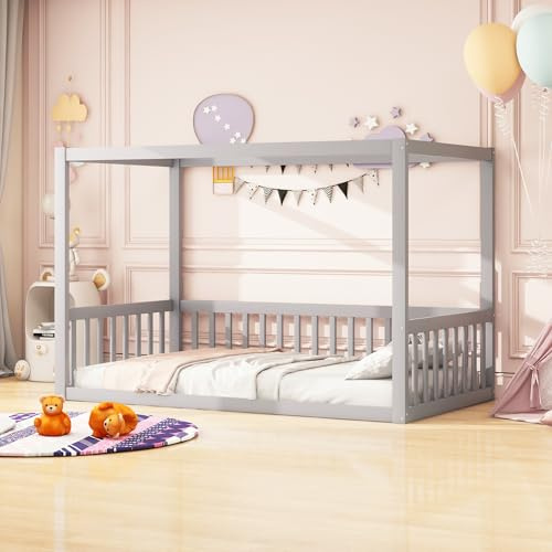 Kelodan Kinder-Standbett 90x200cm, Himmelbett Massivholz Bettgestell für Jugendliche Grau