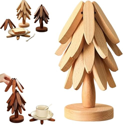 Topfuntersetzer Hitzebeständig,Untersetzer in Baumform,4 Stück Topfuntersetzer Holz& 1 Weihnachtsbaum Aufbewahrt,Faltbare hitzebeständige Pads für Küchenpfannen,Töpfe,Teekanne,Besteck,Tassen Naturholz