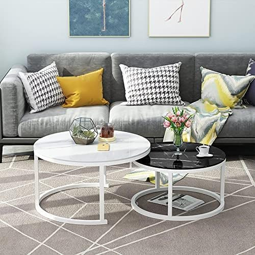 Marmoreffekt glasbord – set med 2 runda stapelbara soffbord med metallram för hemmakontor, vardagsrum eller vardagsrum – elegant modern design