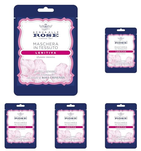 Acqua alle Rose, Maschera Viso in Tessuto Lenitiva Idratante Intensiva con Estratto di Rosa Chinensis, Ideale per le Pelli Sensibili o Secche, con Vitamina B5 Lenitiva, Nutre e Reidrata, Monouso 1 pz