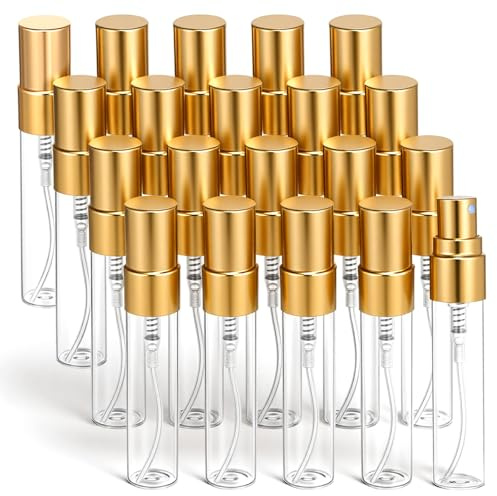 Azefnuhk 20 Pack 5ml Atomizer Glass Spray Bottles, Mini Perfume Spray Bottle, Fine Mist Atomizer Glass Bottle, Travel Size Mini Spray Bottles for Fragrance, Essential Oils, DIY Samples (Gold)