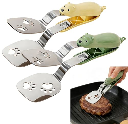 2Pcs Stainless Steel Kitchen Tongs, Kitchen and Home Essentials Utensils Gadgets for Bakers Pasta Salad, Bear Small Cooking Spatula Food Tongs Green and Yellow for Home Restaurant Toast 2026