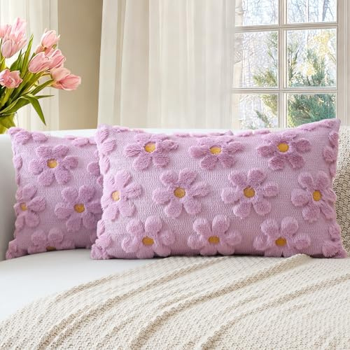 Artscope Juego de 2 Primavera y Verano Fundas de Cojines de Terciopelo Cojines de Sofá Funda de Almohada Decorativo Suave para Sofá Dormitorio Oficina Salón Flores Lila, 40x60cm