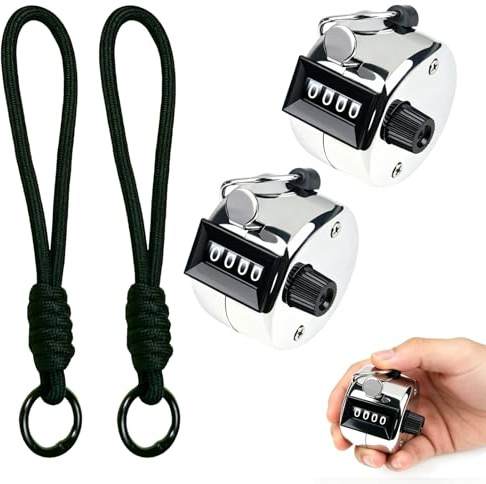 FLAVNTEL 2 Contadores Manuales Metálicos con Correa, Contador Mecánico de 4 Dígitos hasta 9999, Clicker de Mano con Anillo para Tejer, Deporte, Eventos, Yoga y Control de Personas