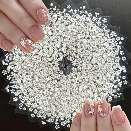 BellaBlend 30 Sheets White Flower Nail Stickers with Rhinestones 3D Self-Adhesive Design Floral Nail Decals for Nail Decorations for Women DIY Manicure (White)