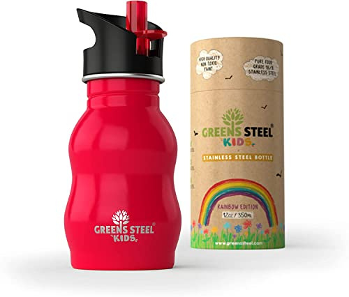 Kids Water Bottle - 350ml, Red | Stainless Steel | Upgraded Leak Proof Lid With Straw & Handle for Children | Easy Sip Toddler Cup | Eco Friendly Drinks Bottle | Great for a Lunch box or Gift