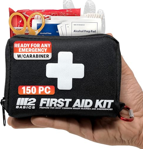 M2 BASICS Compact First Aid Kit, 150 Pieces, Portable Emergency Kit with Carry Bag and Carabiner for Travel, Car, Hiking, Purse