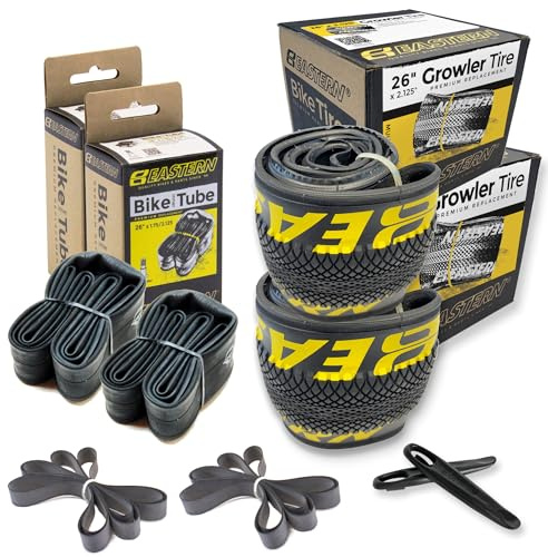 Growler Tire 26 x 2.125 Inch Tire Replacement Kits with or Without Inner Tubes. Includes Tools. Fits Bicycles with 26 x 1.75 or 26 x 2.125 Rim or Wheels. (Yellow Logo, 2 Pack with Tubes)