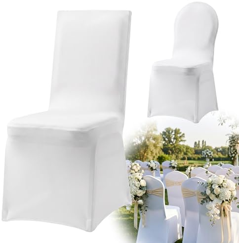 AufuN Stuhlhussen Stretch Stretchhusse Universell Moderne Stuhl Husse Abdeckung im Lycra Stuhlbezug für Hochzeit Taufe Geburtstagsfeier Dekoration Feiern Haus (Weiß, 100 Stück)