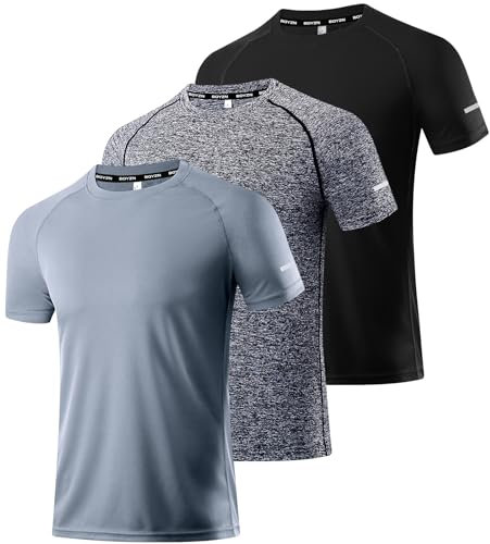 Herren Kurzarm T-Shirt Leicht Schnelltrocknend UPF 50 Sun Shirt Tops Funktionsshirt Fitness Shirt Atmungsaktiv Schnelltrocknend Sport Shirt Outdoor Laufshirt Sport Oberteil Black/Gray/HGrey-3P03-XL