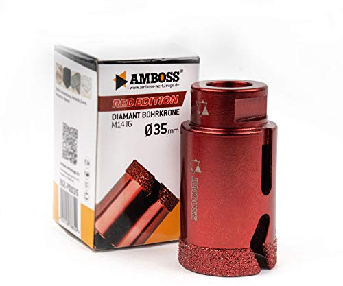 Diamant Bohrkrone Ø35mm - Amboss RED EDITION M14 - für Winkelschleifer - Feinsteinzeug, harte Fliesen, Granit - Die ideale Trockenbohrkrone