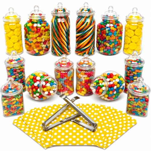 14 Plastic Sweet Jars, 7 Styles, 2 Tongs and 50 Bags. Ideal for Party, Wedding, Sweet Table, Candy Buffet (Yellow Polka Dot Bags)