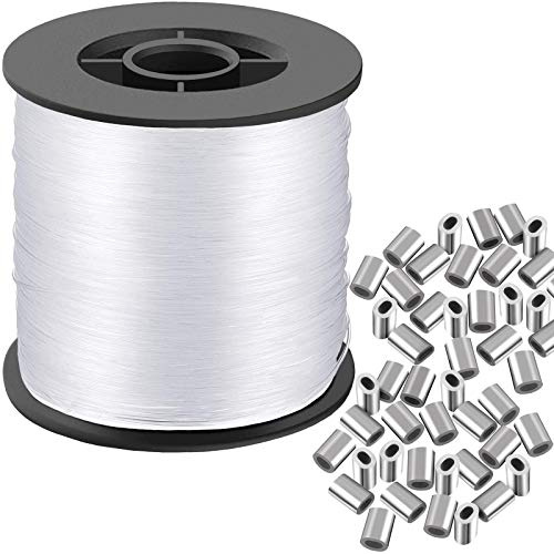 Clear Invisible Hanging Wire 0.9mm Up to 60lbs, 656Feet(200M) Strong Nylon Thread for Beading Sewing Ornaments with 60Pcs Aluminum Crimping Sleeves, Hanging Kit for Picture Frame, String Light