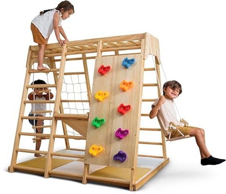 Avenlur Indoor Playground Jungle Gym – Magnolia 6-in-1 Montessori Wooden Indoor Playground for Kids & Toddlers Ages 2-6 – Waldorf Toys, Rope Ladder, Indoor Swing, Baby Slide, Rock Climbing Wall, More