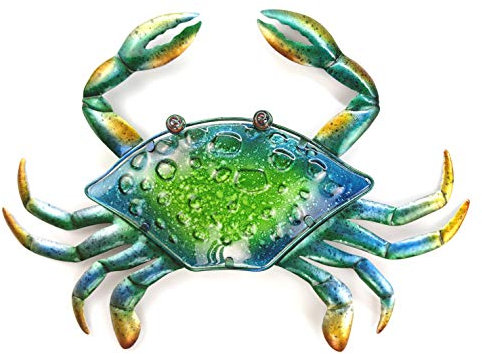JoyBee Wanddekoration aus Metall, Motiv: Krabbe, 43 cm, Dekoration für drinnen und draußen, nautische Hängekunst, blau-grün, gebeiztes Glas mit Metall, Balkon, Küche oder Badezimmer