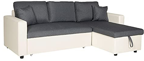 Happy Garden Ecksofa Clark 3-Sitzer aus Stoff und Kunstleder in grau meliert und weiß. Sofa mit umkehrbarem Meridian und Aufbewahrungskasten.