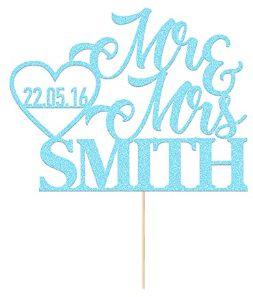 Personalised Wedding Cake Toppers Decoration Favours Customised Wedding Gifts for Couple Double Sided Glitter Paper with Any Name Date (Baby Blue)