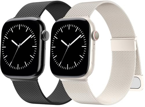 AMSKY 2 Pièce Magnétique Bracelets Compatible avec Bracelet Apple Watch 44mm 40mm 46mm 42mm 45mm 41mm 38mm 49mm, Metal Milanais avec 2 Aimant pour iWatch Serie 11 10 9 8 7 6 5 4, SE Ultra 3 2 1