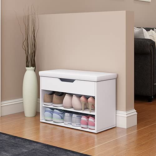Shoe Storage Bench with Cushion 2 Shelves Shoe Rack Hallway Seat White