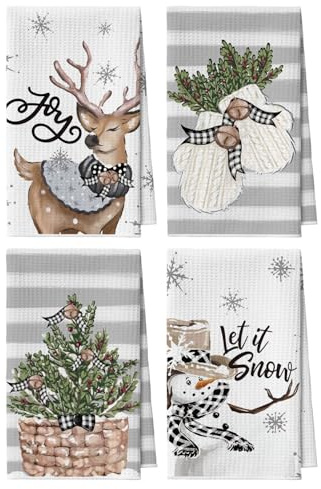 Artoid Mode Gloves Snowman Reindeer Christmas Kitchen Towels Dish Towels, 42x65 cm Snowflake Xmas Microfiber Cloth Kitchen Drying Decoration Set of 4