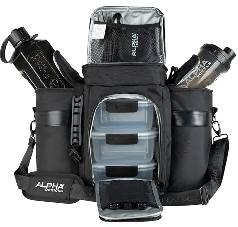 Alpha Designs Meal Prep Bag Gym Cool Bag with Accessories - Black/Smoke | Gym Food Prep Bag for Bodybuilding - with Water Bottle, Protein Shaker, Ice Packs, Food Storage Containers, Cutlery, Pill Box