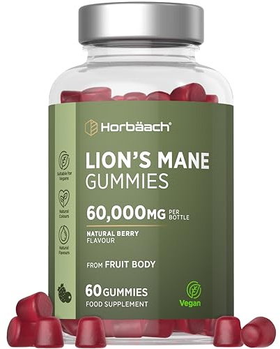Lions Mane Gummies 60,000mg per Bottle | High Strength Lions Mane Supplement | Mushroom Extract | Natural Berry Flavour | 60 Vegan Gummies | by Horbaach