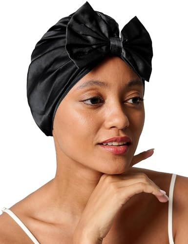 LilySilk Damen-Schlafmütze aus 100% Maulbeerseide Vintage-Schlafmütze mit Schleife Vorne, Größenverstellbar, Schlafmütze im französischen Stil, Niedliche Haarpflege-Seidenhaube, Schwarz