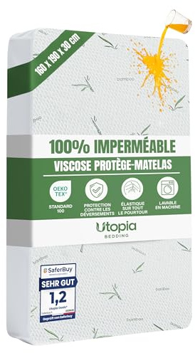 Coprimaterasso Viscosa Impermeabile 160 x 190 x 30 cm Traspirante | Coprimaterasso Impermeabile con Elastico a 360°, Qualità Alberghiera, Certificato Oeko-Tex – Utopia Bedding