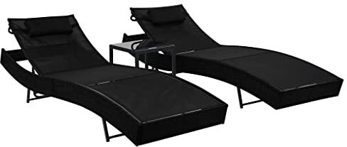 FUDUGEHMIOFWFJJ gartenstühle,relaxsessel,liegestuhl klappbar,Sonnenliegen 2 STK. mit Tisch Poly Rattan und Textilene SchwarzGeeignet für Garten, Pooldeck, Terrasse, Wohnzimmer