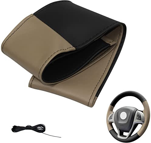 Lenkradbezug 4 Teilig Auto Lenkradhülle zum schnüren Nähen M5 Schwarz Beige Universalgrösse 37-38 cm