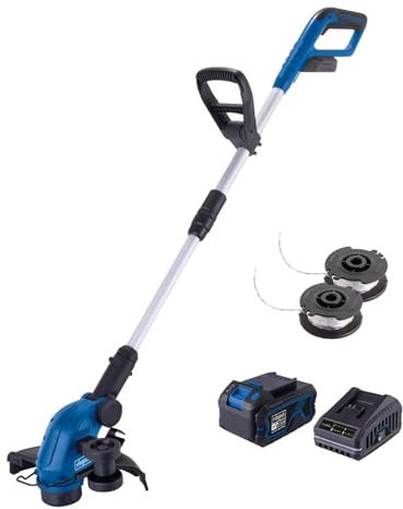 Scheppach Akku-Rasentrimmer C-LT300-X 20V Kantenschneider | Schnittbreite 300mm | Fadenlänge 3m | Höhenverstellung bis 270mm | 20V-IXES-Serie | + 2 Fadenspulen | mit 4Ah Akku & Ladegerät