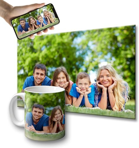 OOPS Cuadro + Taza personalizados con tu foto - Lienzo impreso con foto en bastidor de madera de 35mm - Taza de 330ml de cerámica personalizada con foto (30x20, Cuadro + Taza)