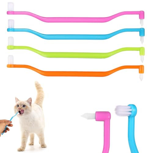 PEUTIER 4stk Katzenzahnbürsten, 16x1,6cm Katzenzahnbürste für Katzen mit Gebogenem Griff Mikrokopf Zahnpflege für Katzen Reduziert Zahnbelag und Mundgeruch