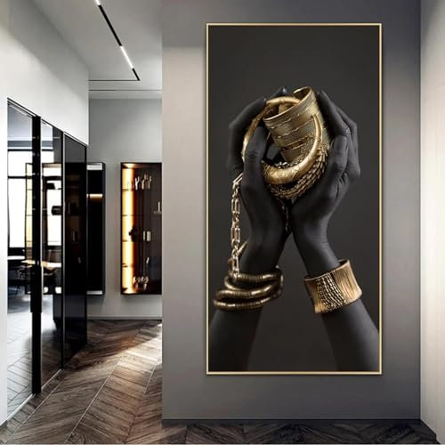 KDOVOXB Afrikanische Kunstgemälde, schwarze Hände, die goldenen Schmuck halten, auf Leinwand, Poster und Drucke, Wandkunst, Bilder für Wohnzimmer, 50 x 100 cm, ohne Rahmen