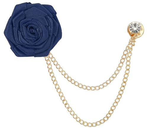 QUARKZMAN Bräutigam Broschen Rose Blume Größe 1,57 Zoll Marineblau | 1 Stück, Stoff Legierung Reversnadel, mit Quaste Kette/Anzug Stud, für Hochzeit Herrenanzug Zubehör, Zoll