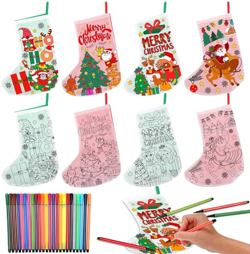 DPKOW Graffiti Nikolausstrumpf, 4 Vliesstoff Weihnachtsstrumpf Geschenktüten Nikolausstiefel zum Befüllen Bastel Weihnachten Mitgebsel Tüten mit Stiften, Weihnachtssocken zum Aufhängen Weihnachtsdeko