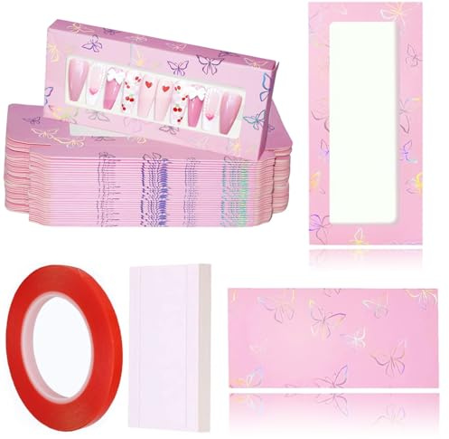 71 PCS Press-On Packaging with 35 PCS Shiny White Cardboard and Double-Sided Tape (Pink, Medium)