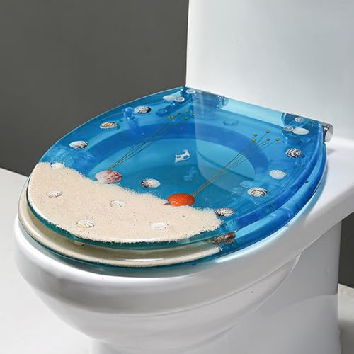 Giural J,Siège de Toilette Résine Bleu, Lunette WC Effet 3D avec Vrais Coquillages et Gravier, Lunette de Toilette Ocean Series, Abattant WC avec Frein de Chute, Facile à Nettoyer et à Installer